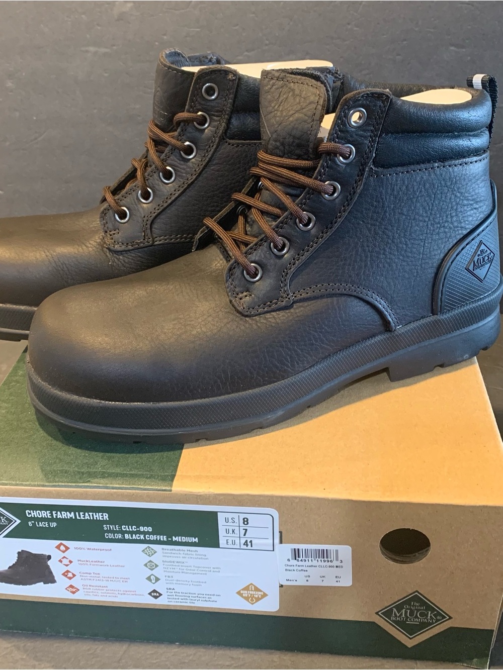 MUCK Boot Co. NIB 8M Men's Black Coffee Chore Farm Leather 6” Lace-Up Boots